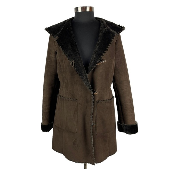 OSCAR BY OSCAR DE LA RENTA FAUX SHEARLING & SUEDE HOODED TOGGLE WINTER COAT - Picture 1 of 16